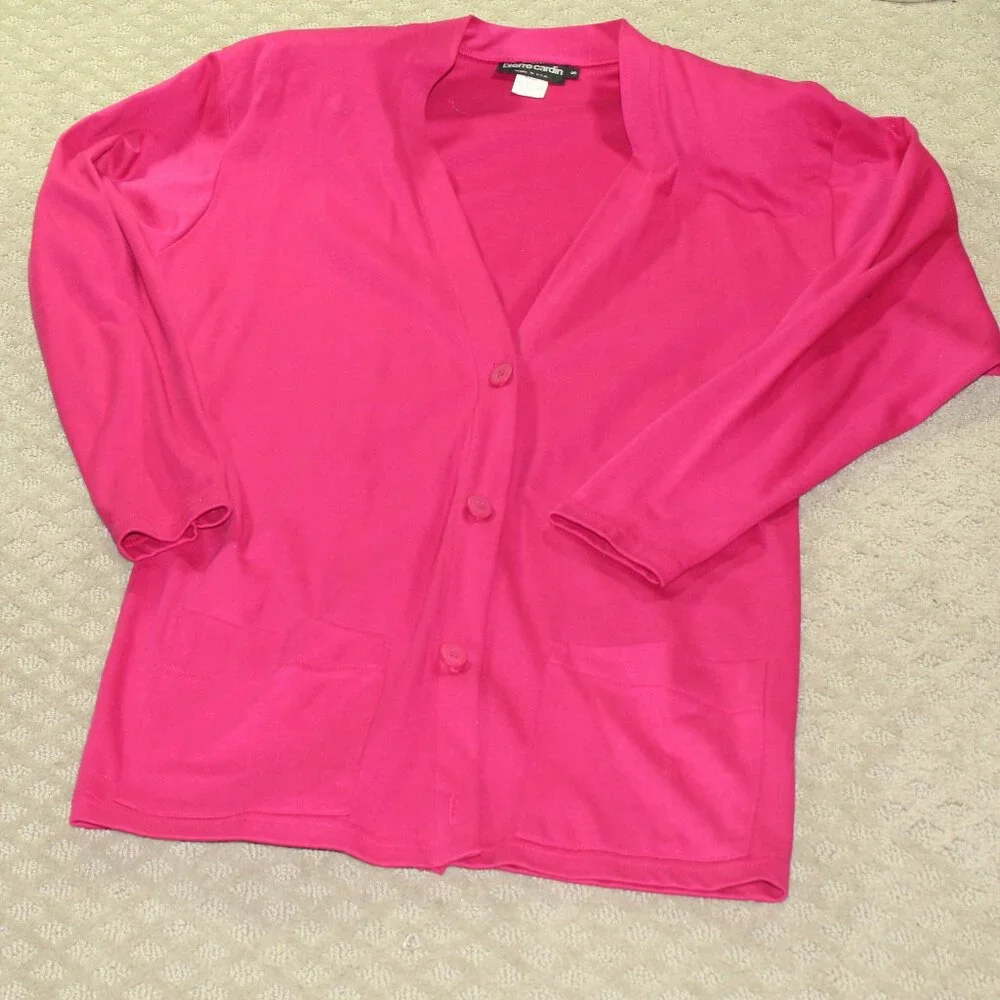 Vintage 80s Pierre Cardin Fuchsia Pink Cotton Knit Shoulder Pads Long Cardigan